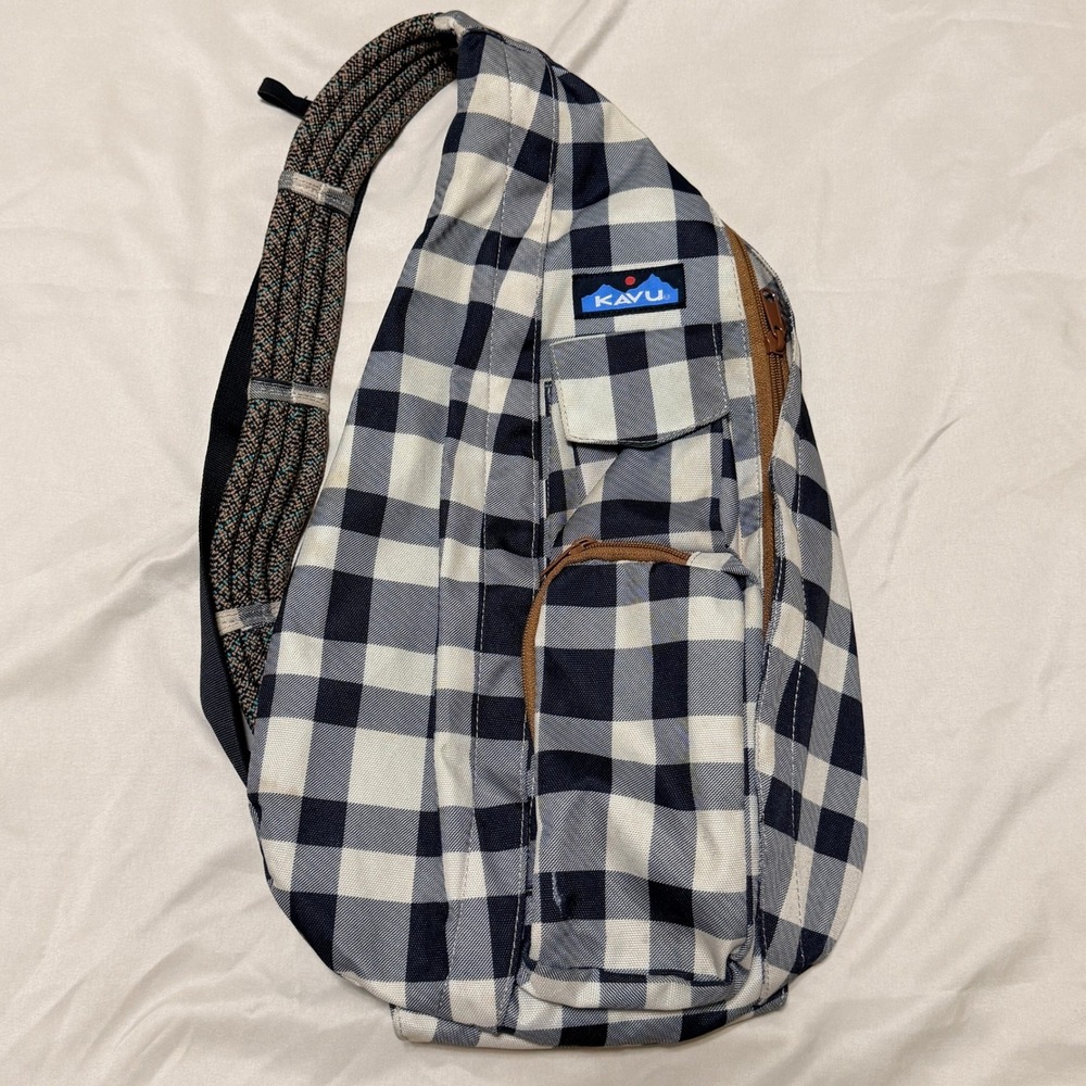 KAVU Rope Bag Sling Backpack Navy White Buffalo Plaid Check Canvas Hiking